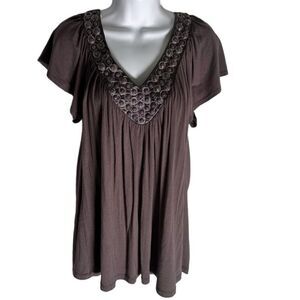 Grey Embellished V Neck Tunic Top Soprano Stretch Short Sleeve Blouse Woman’s XL
